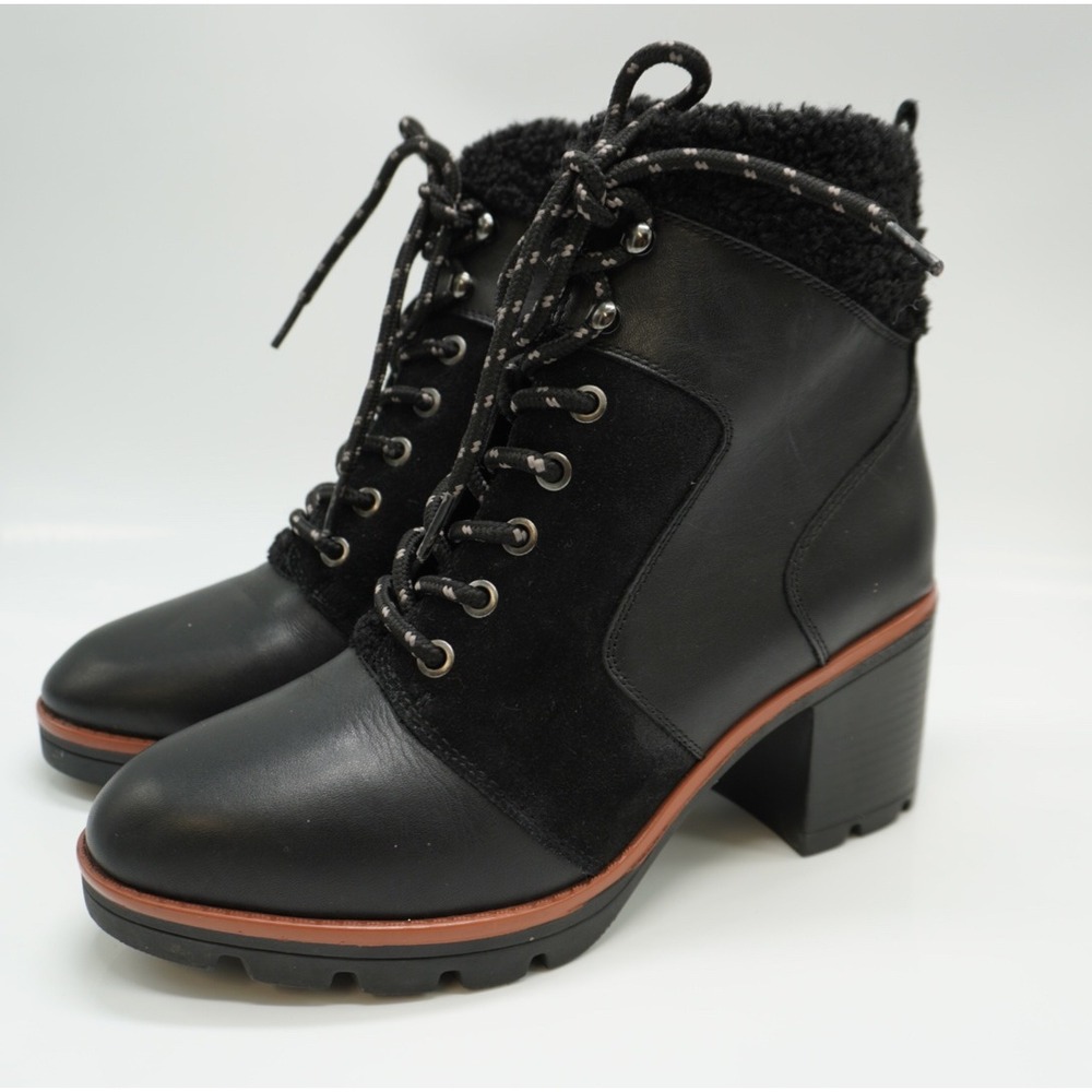 Naturalizer Val Black Leather Suede Faux Fur Lace Up Block Heel Ankle Boots 8W